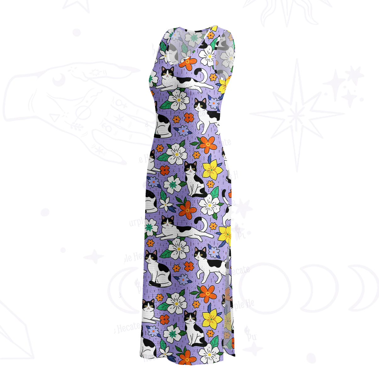 Purplehecate Enchanted Spring Whispering Cat Crochet Knit Maxi Dress
