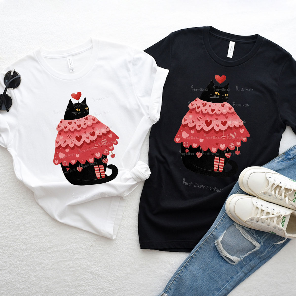 Purplehecate Funny Black Cat in Heart Dress Valentine Couple T-Shirt
