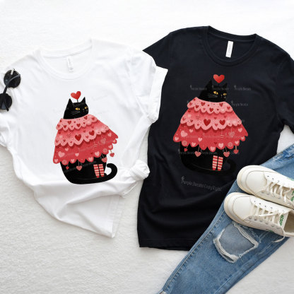 Purplehecate Funny Black Cat in Heart Dress Valentine Couple T-Shirt