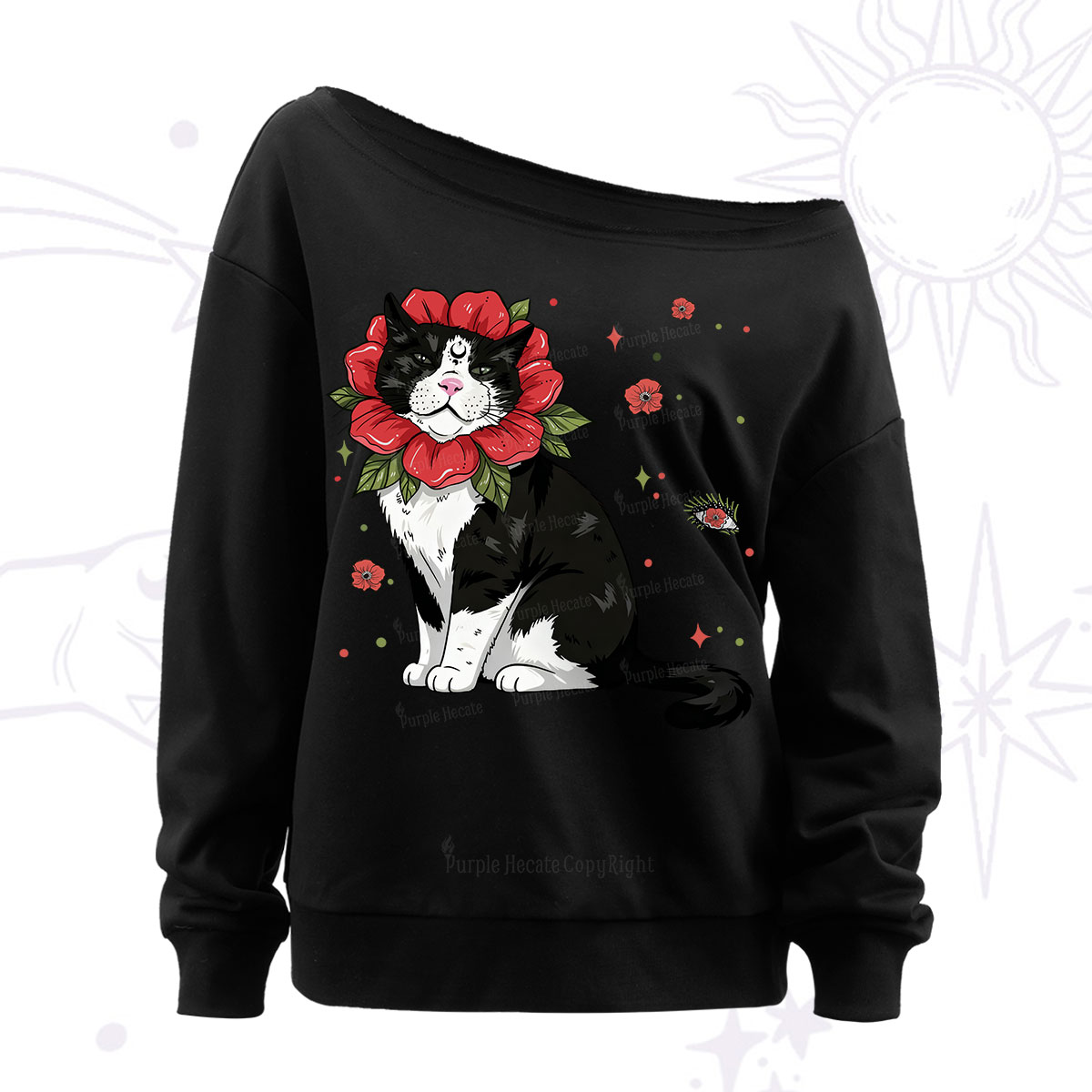 Purplehecate Cat in Flower Crown Off The Shoulder Sweatshirt
