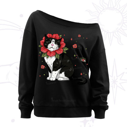 Purplehecate Cat in Flower Crown Off The Shoulder Sweatshirt