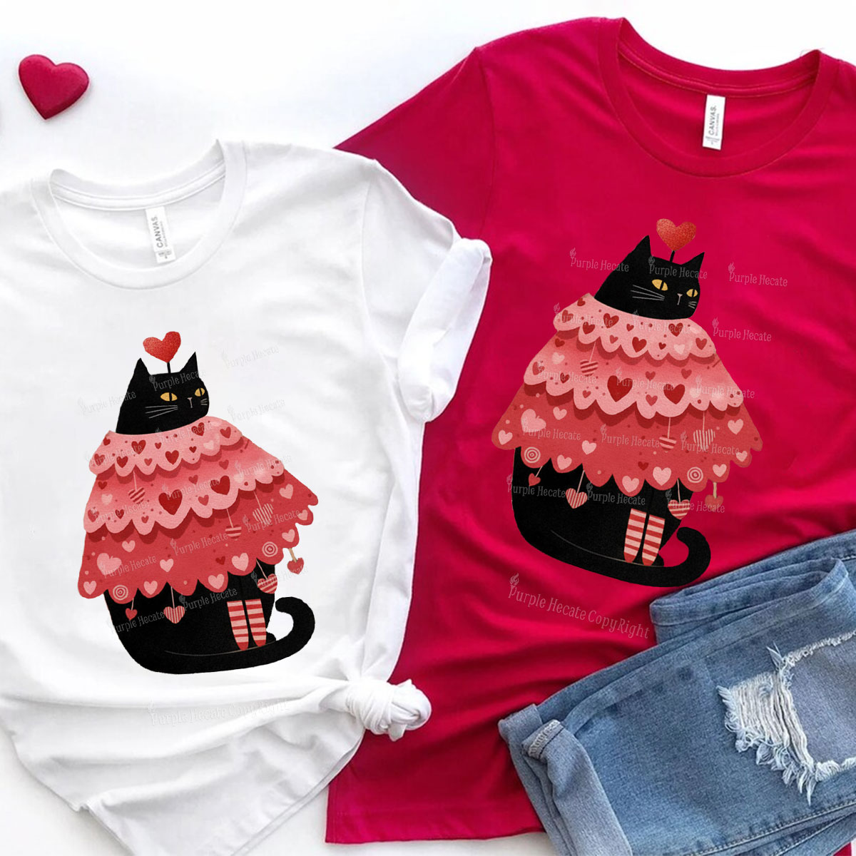 Purplehecate Funny Black Cat in Heart Dress Valentine Couple T-Shirt