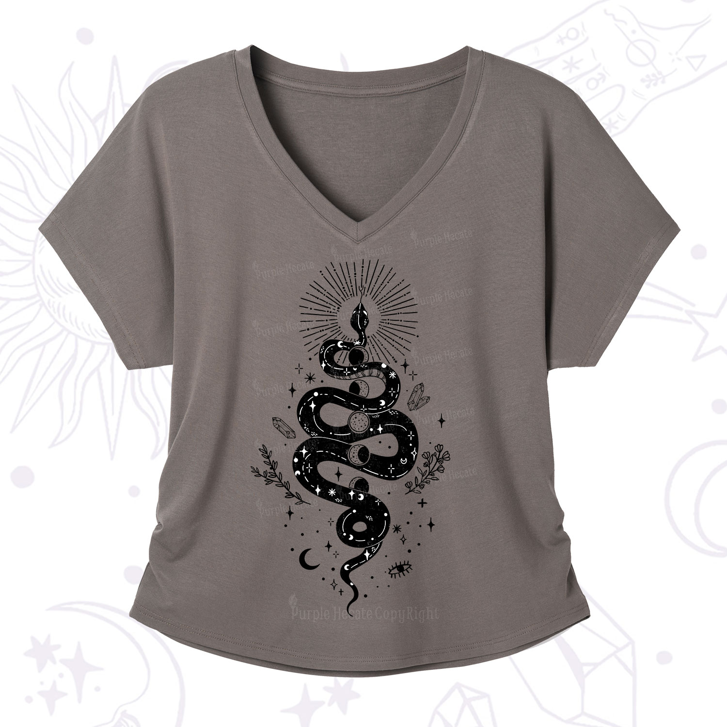 Purplehecate Mystical Moon Phases Snake V-Neck T-Shirt