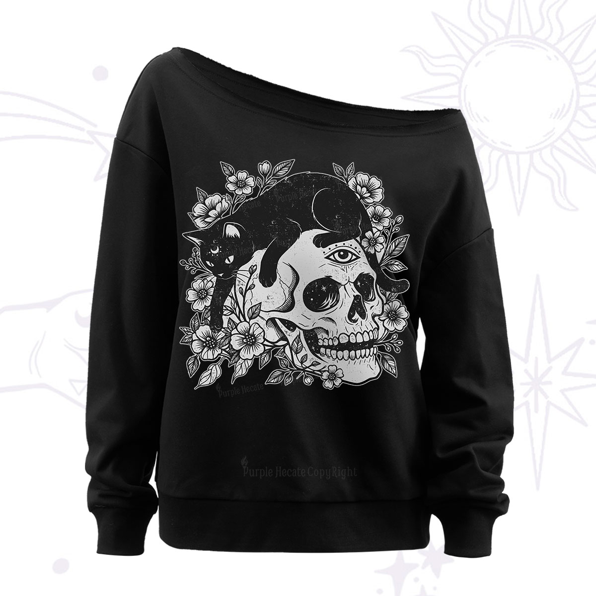 Purplehecate Black Cats In A Skull Off The Shoulder Sweatshirt