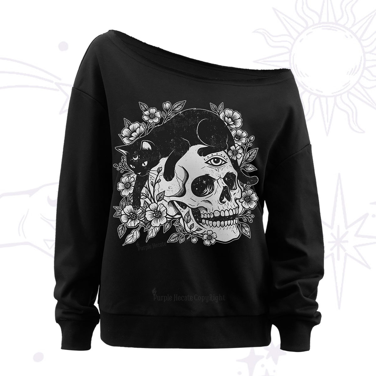 Purplehecate Black Cats In A Skull Off The Shoulder Sweat