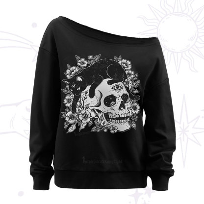Purplehecate Black Cats In A Skull Off The Shoulder Sweatshirt