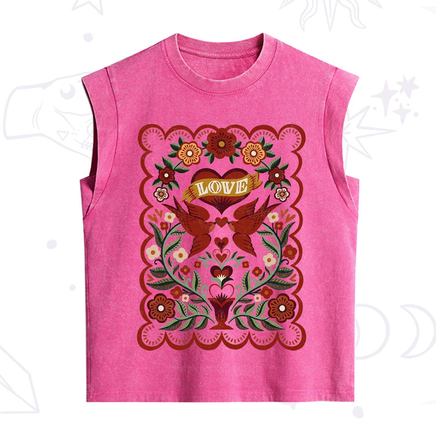 Purplehecate Folk Love Birds Floral Vintage Washed Tank