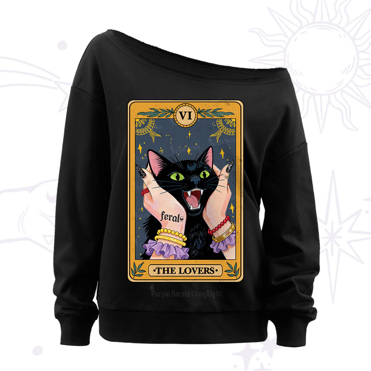 Purplehecate The Lovers Tarot Feral Cat Off The Shoulder Sweatshirt
