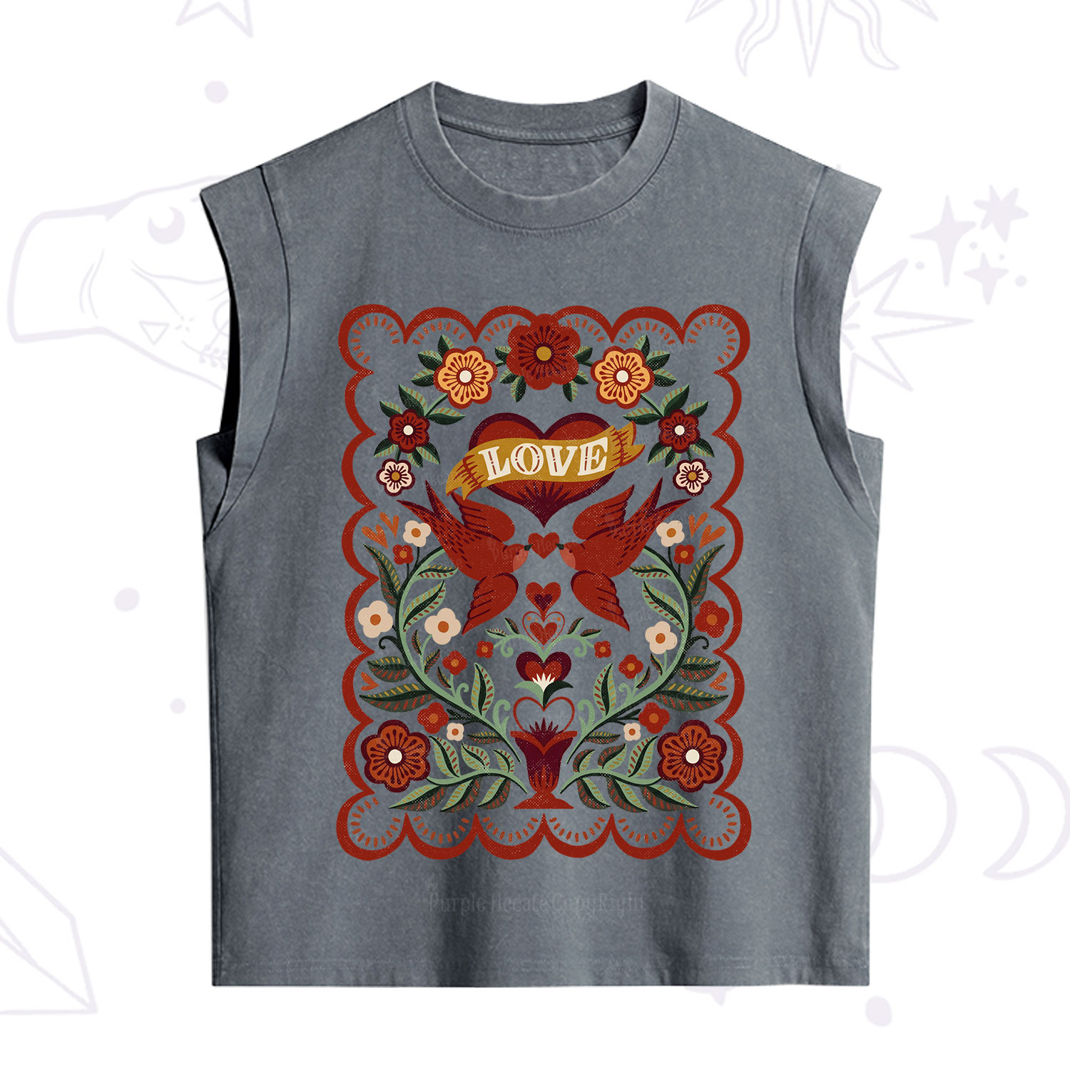 Purplehecate Folk Love Birds Floral Vintage Washed Tank