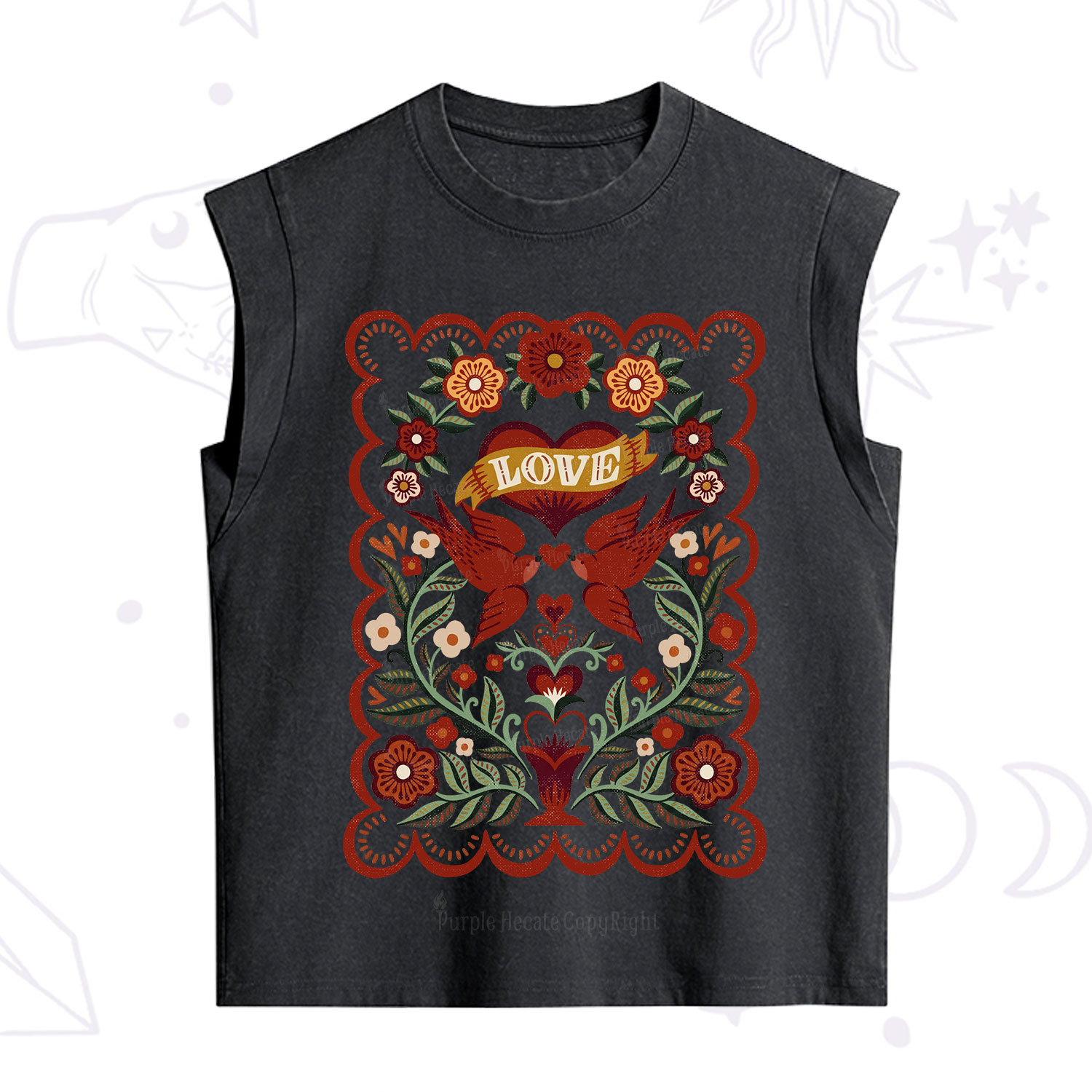 Purplehecate Folk Love Birds Floral Vintage Washed Tank