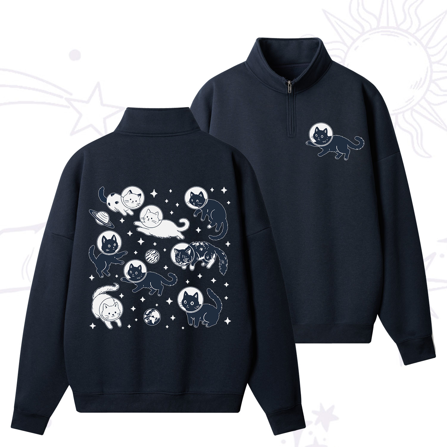 Purplehecate Cats in Space Zip Fleece Sweatshirt