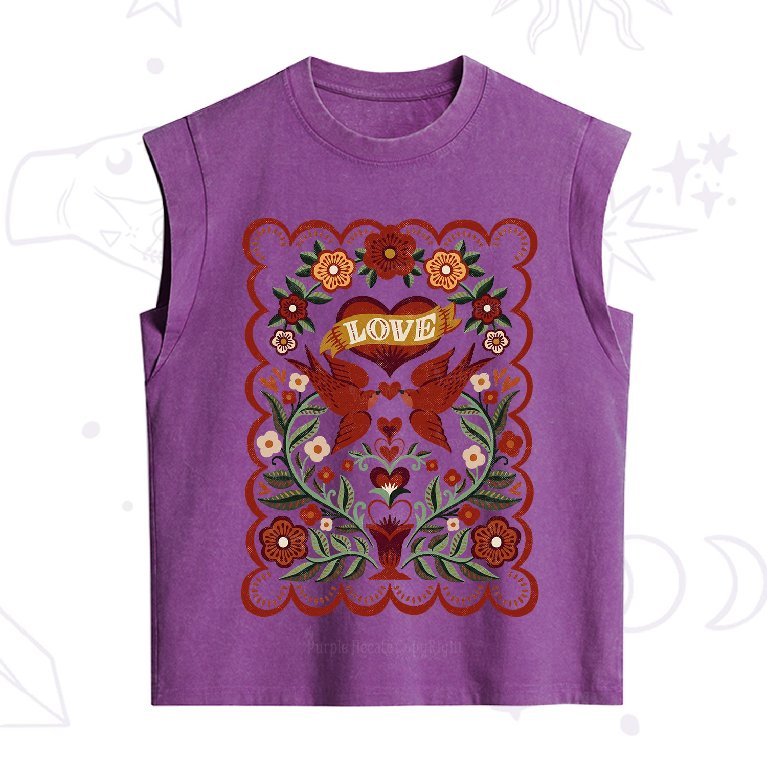 Purplehecate Folk Love Birds Floral Vintage Washed Tank