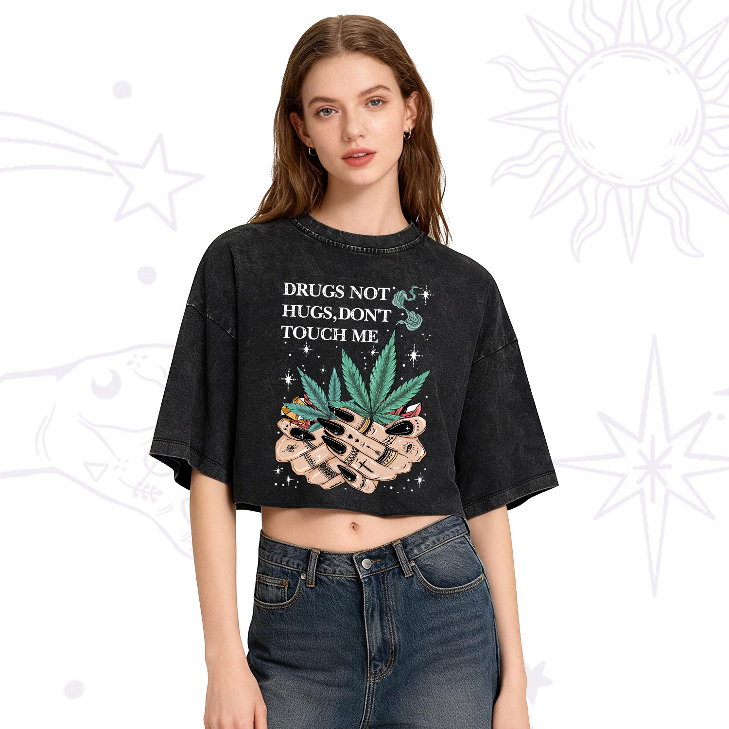 Purplehecate Drugs Not Hugs Washed Cropped T-Shirt