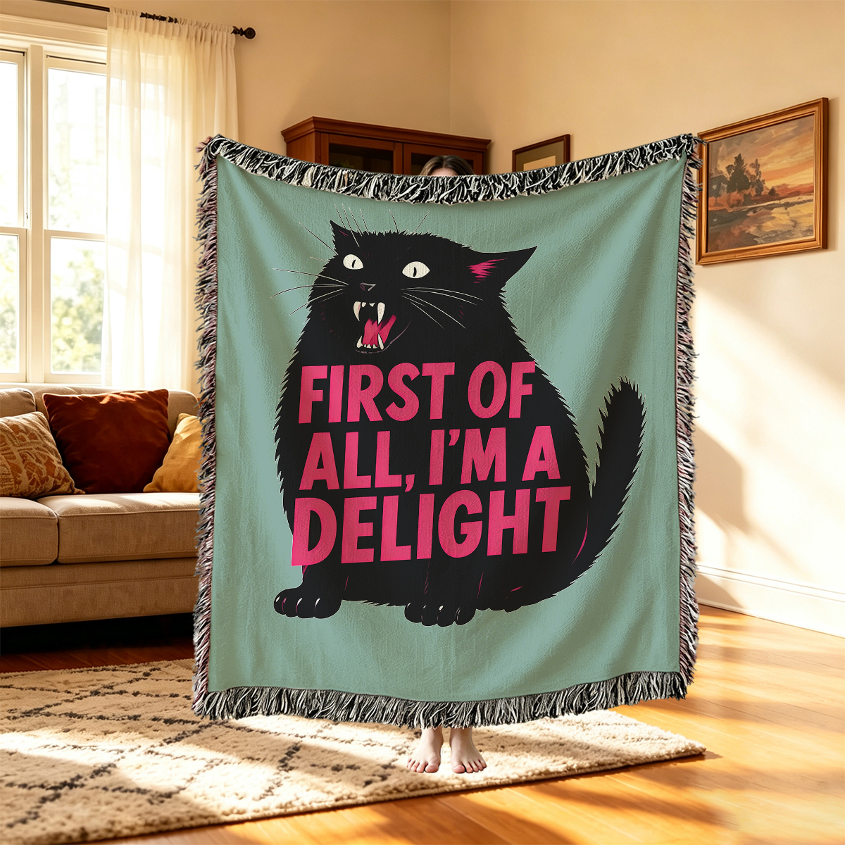 Purplehecate First Of All I'm A Delight Cat Woven Tapestry Blanket