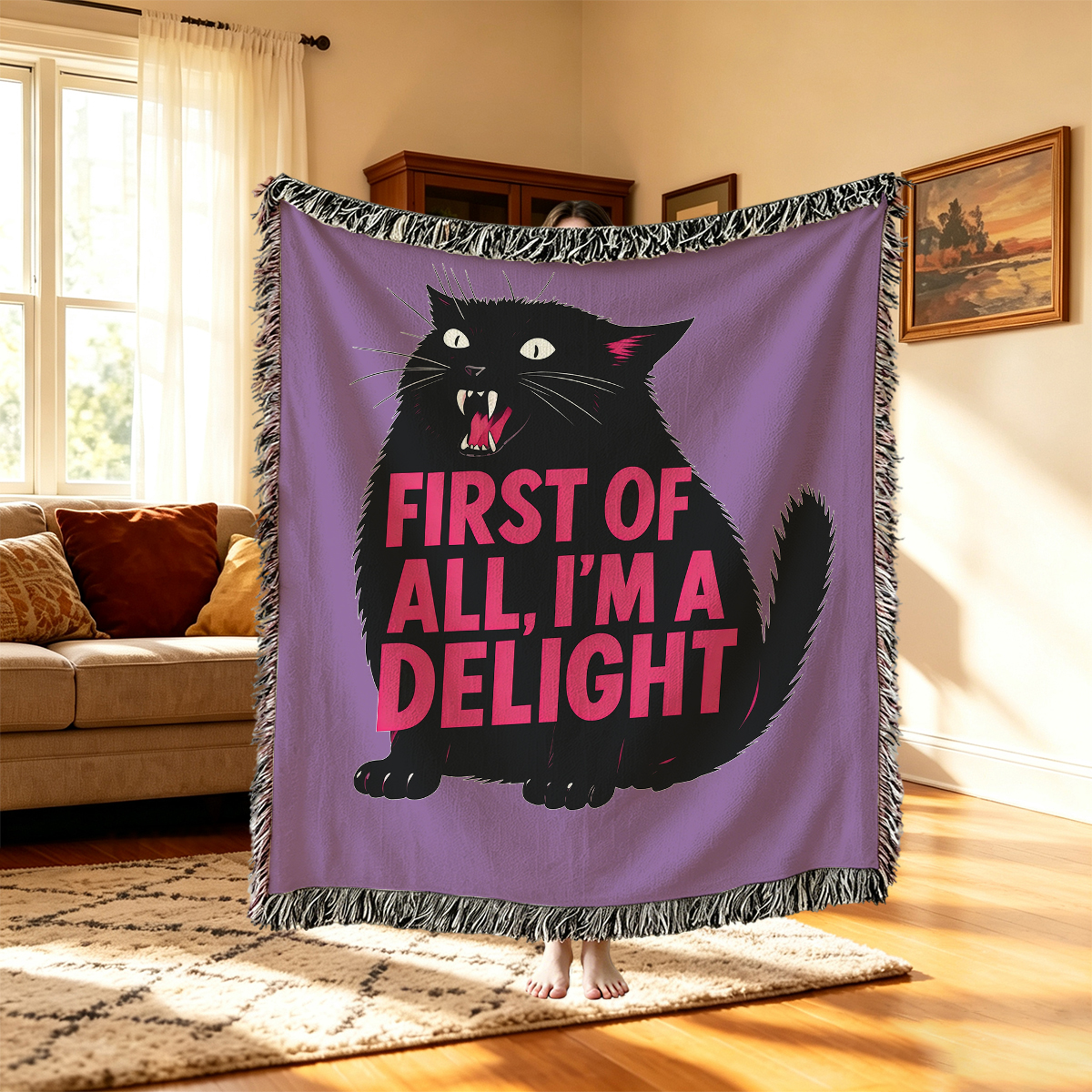 Purplehecate First Of All I'm A Delight Cat Woven Tapestry Blanket