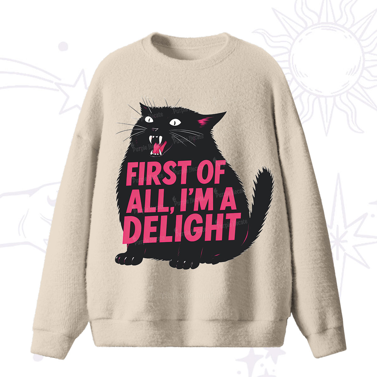 Purplehecate First Of All I'm A Delight Cat Fuzzy Ugly Sweater