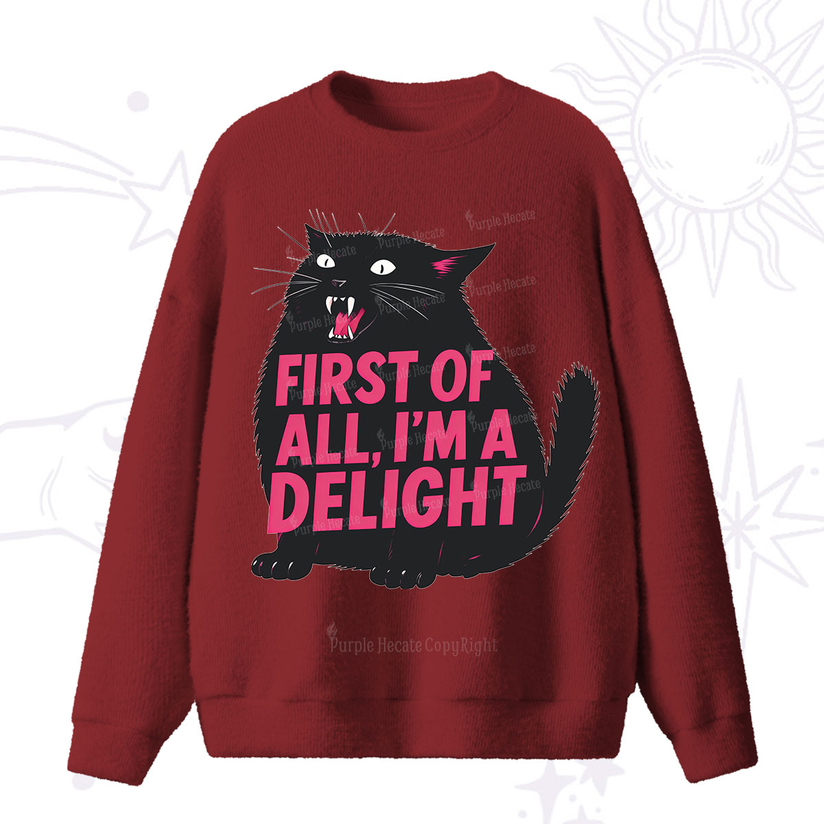 Purplehecate First Of All I'm A Delight Cat Fuzzy Ugly Sweater
