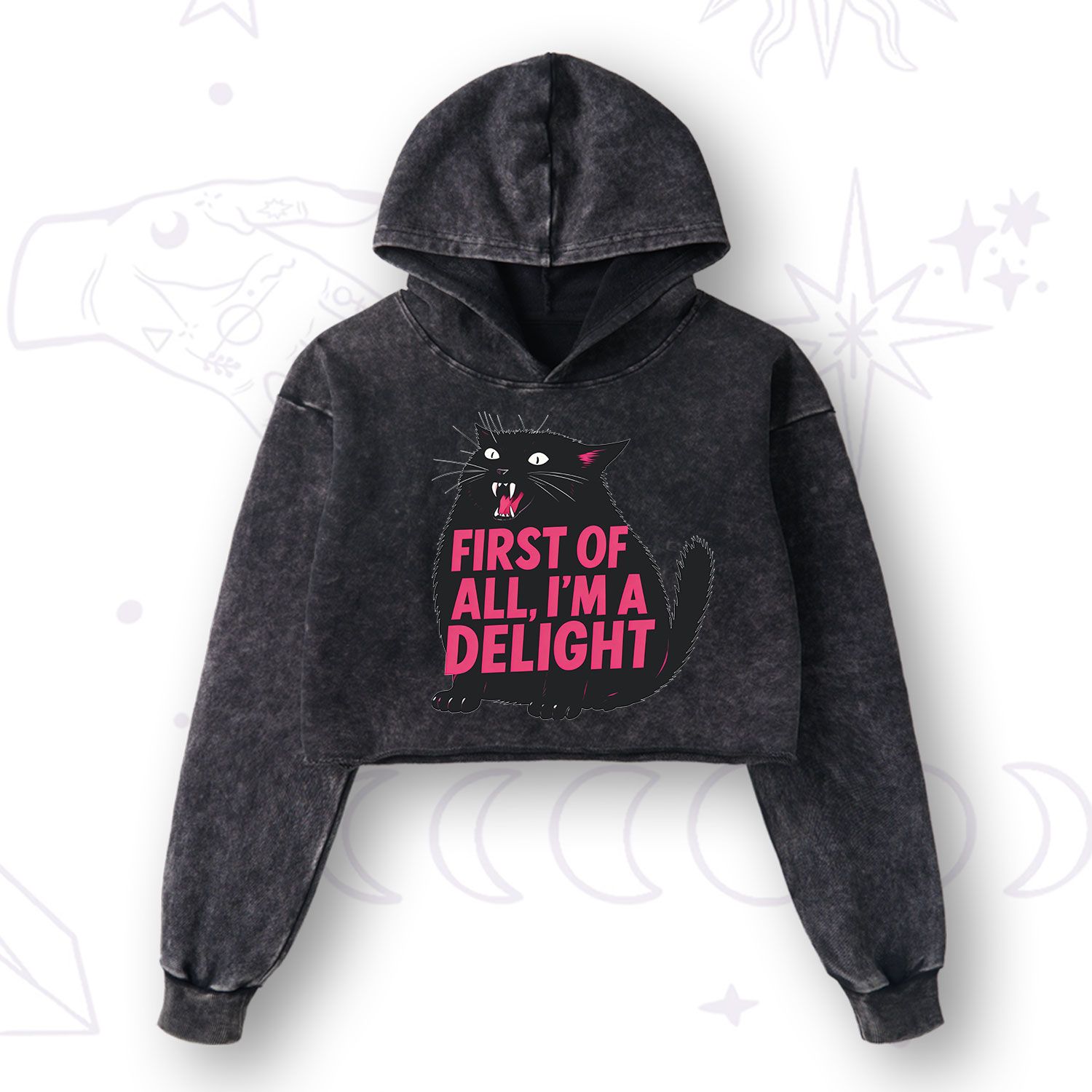 Purplehecate First Of All I'm A Delight Cat Washed Cropped Hoodie