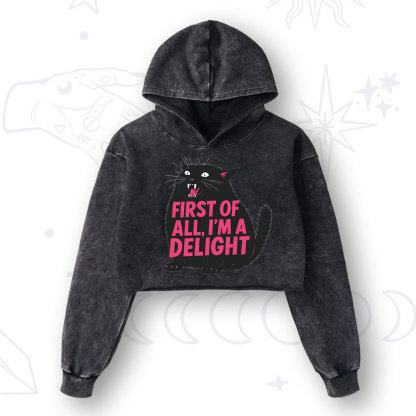 Purplehecate First Of All I'm A Delight Cat Washed Cropped Hoodie