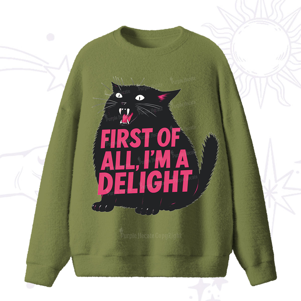Purplehecate First Of All I'm A Delight Cat Fuzzy Ugly Sweater