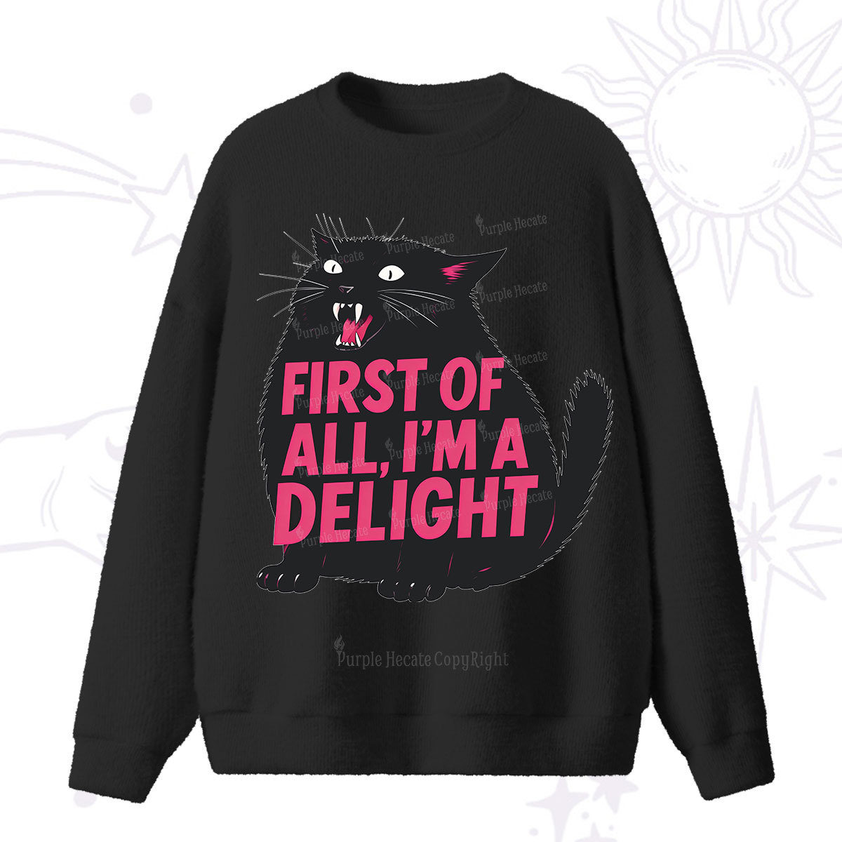 Purplehecate First Of All I'm A Delight Cat Fuzzy Ugly Sweater