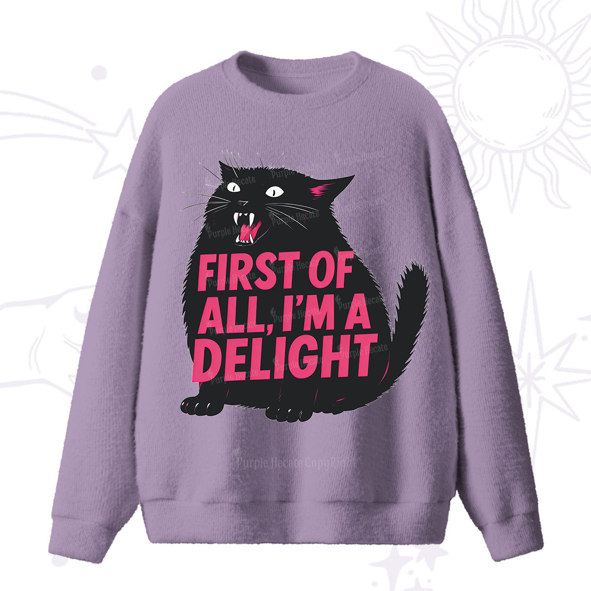 Purplehecate First Of All I'm A Delight Cat Fuzzy Ugly Sweater