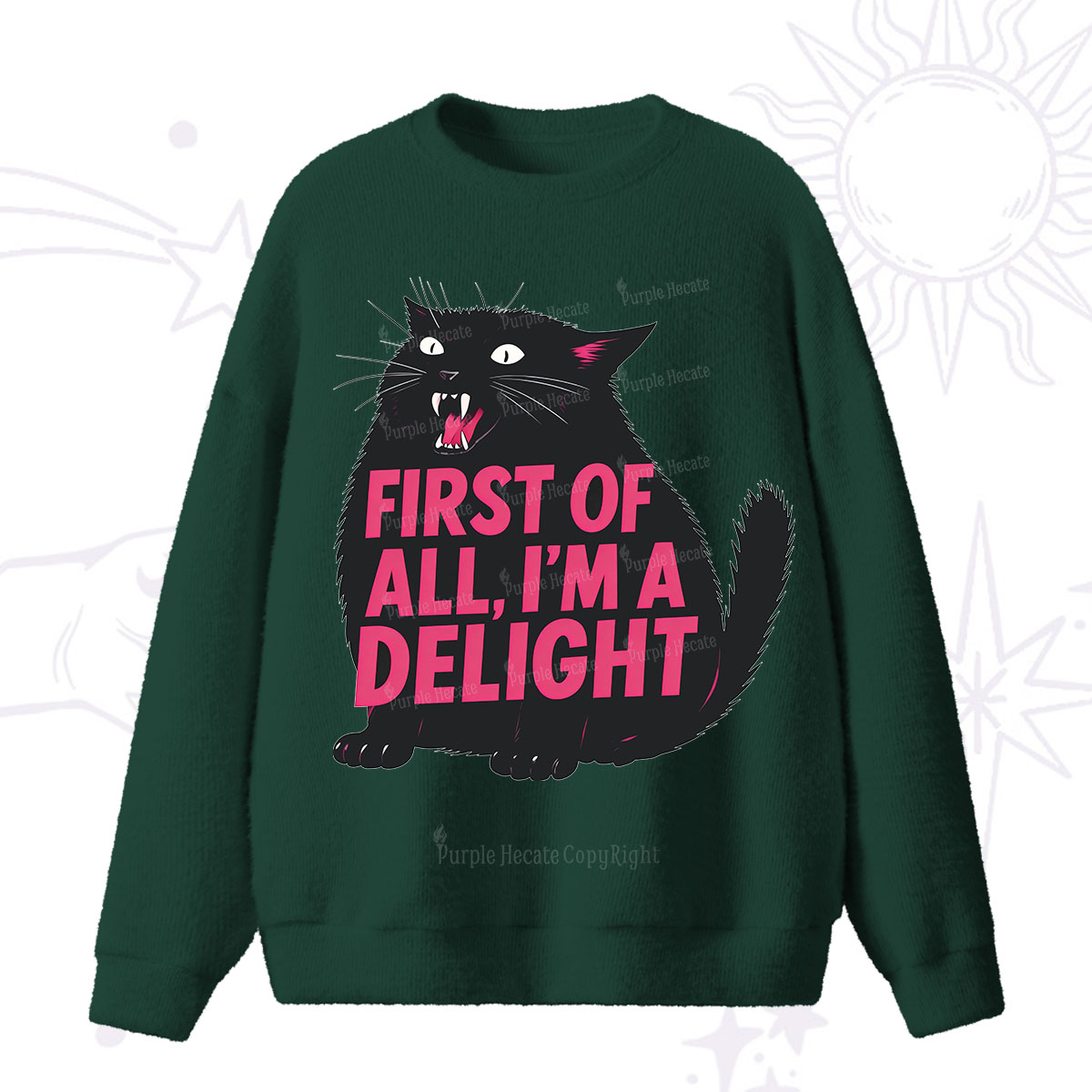 Purplehecate First Of All I'm A Delight Cat Fuzzy Ugly Sweater