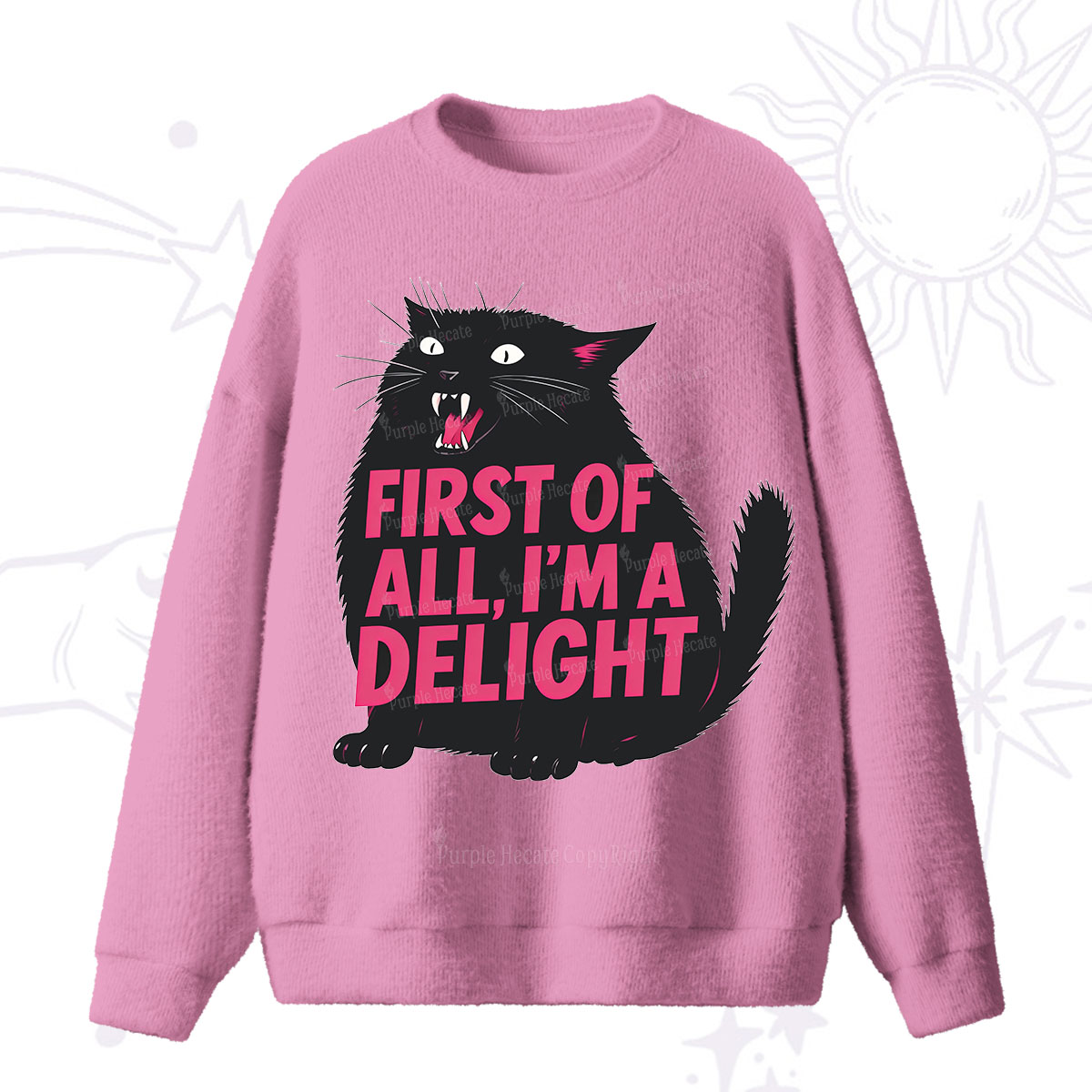 Purplehecate First Of All I'm A Delight Cat Fuzzy Ugly Sweater
