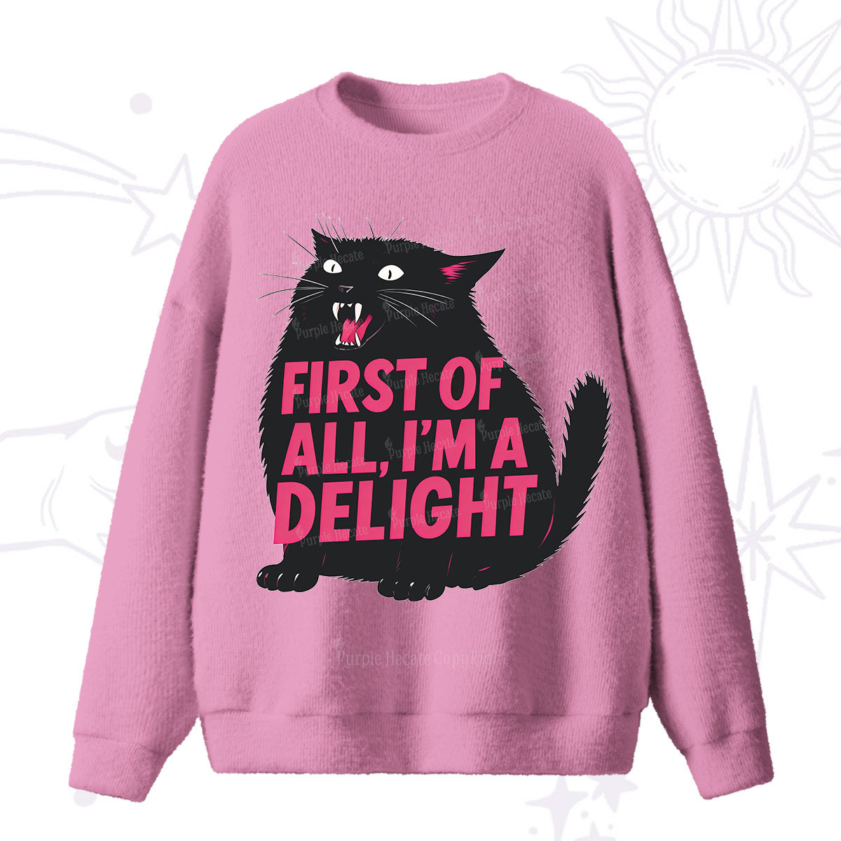 Purplehecate First Of All I'm A Delight Cat Fuzzy Ugly Sweater