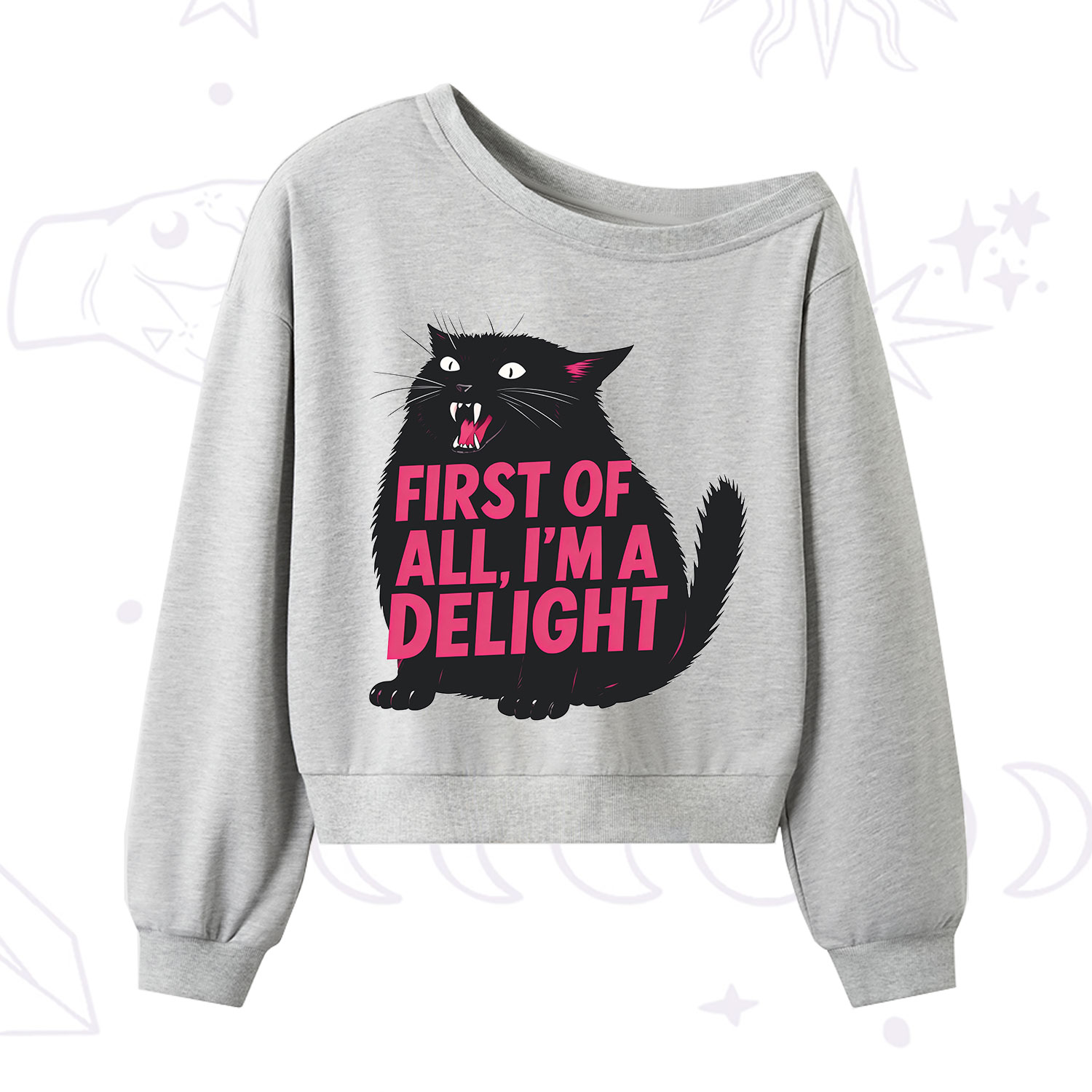 Purplehecate First Of All I'm A Delight Cat One Shoulder Sweatshirt