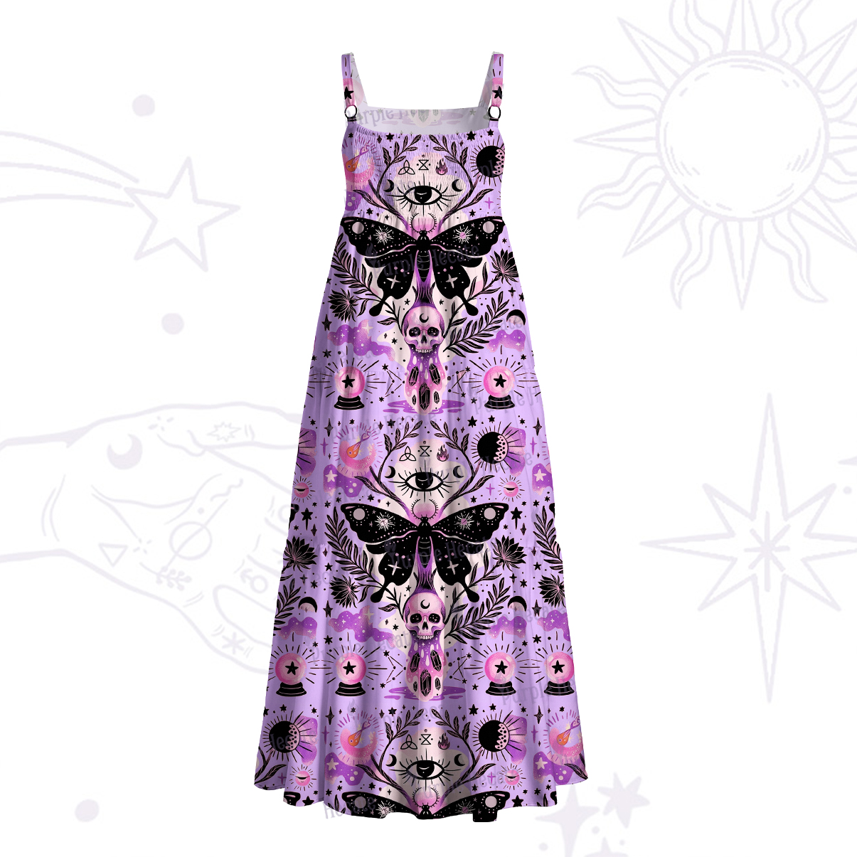 Purplehecate Whispers of the Death's-head Mot Wide Straps Maxi Dress
