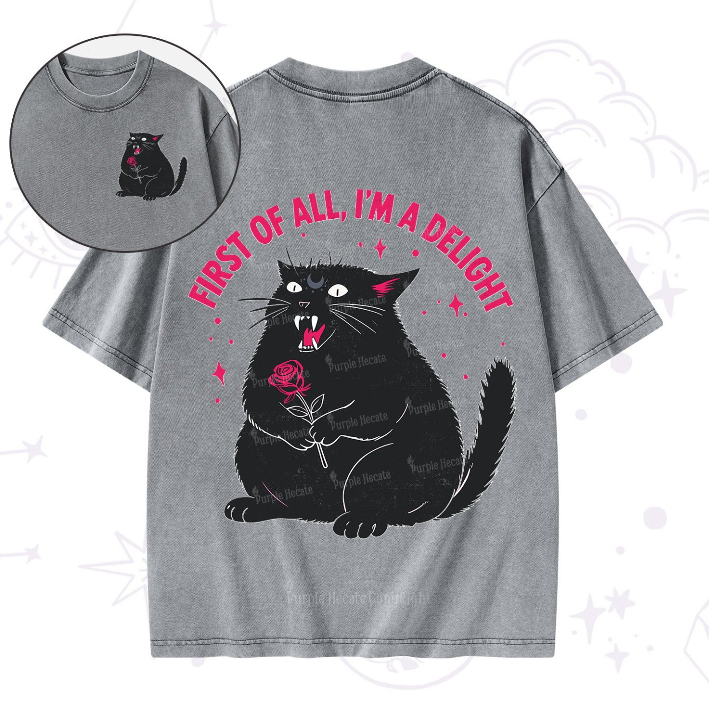 Purplehecate First Of All I'm A Delight Cat Washed T-Shirt