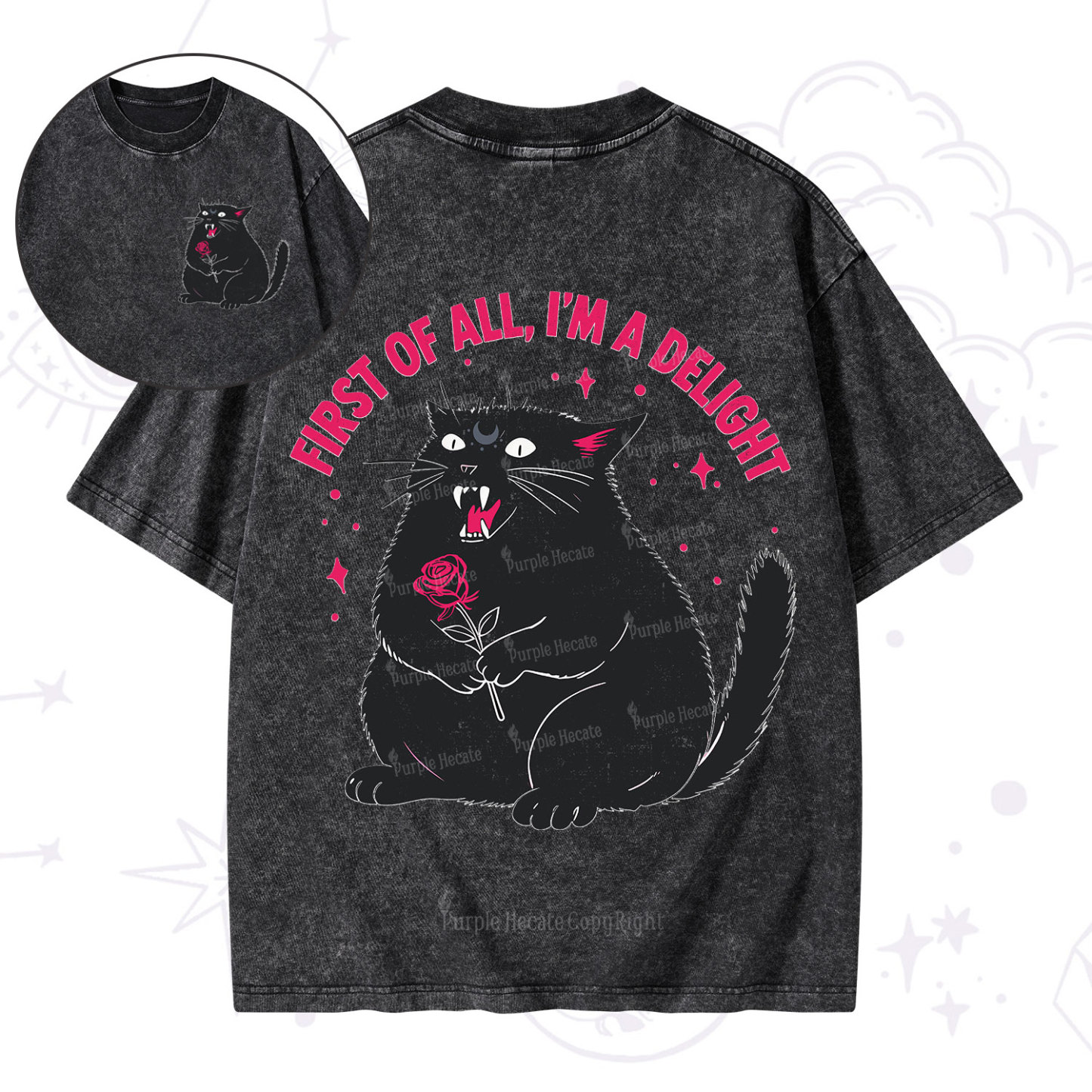 Purplehecate First Of All I'm A Delight Cat Washed T-Shirt