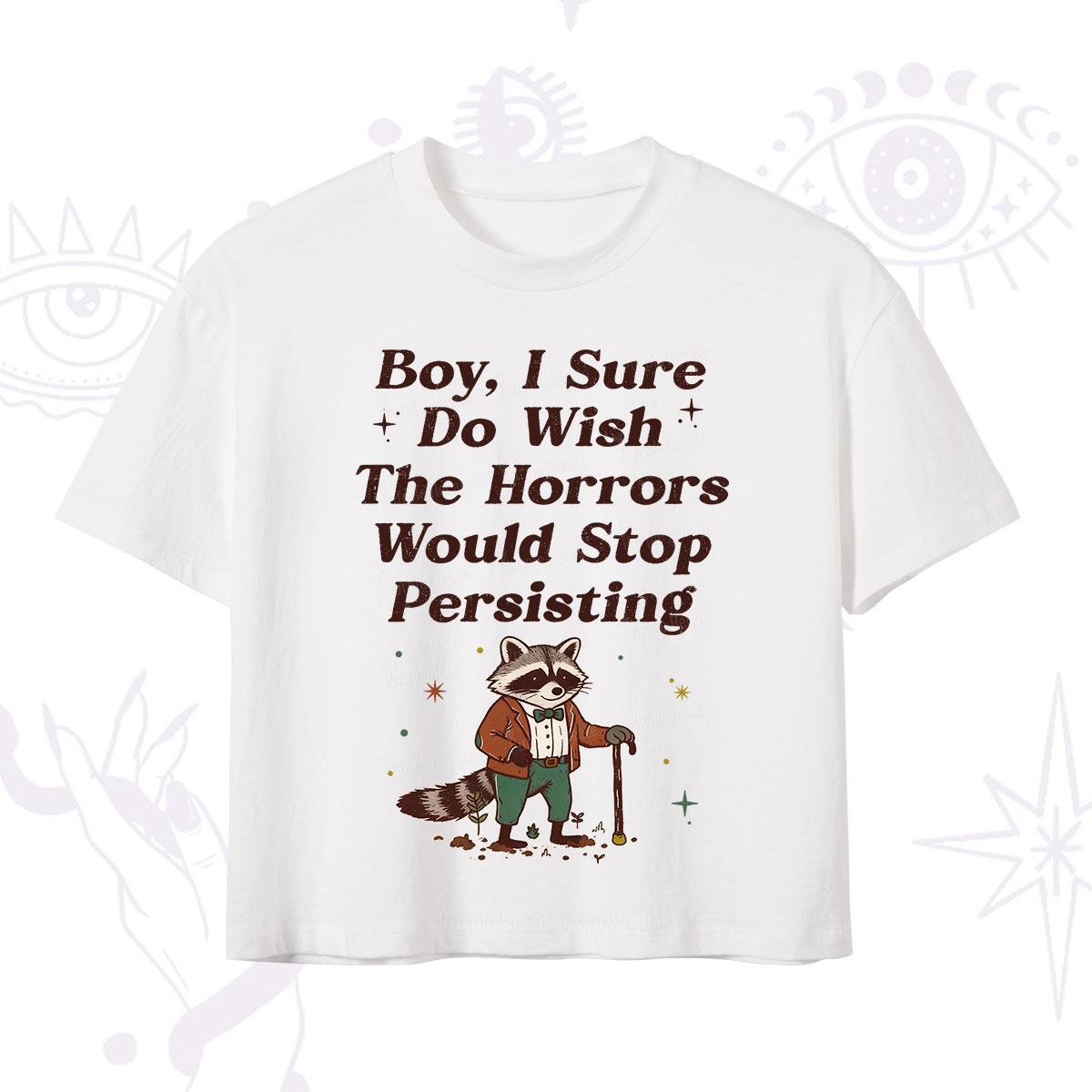 Purplehecate Raccoon Boy I Sure Do Wish The Horrors Would Stop Persisting Crop T-Shirt