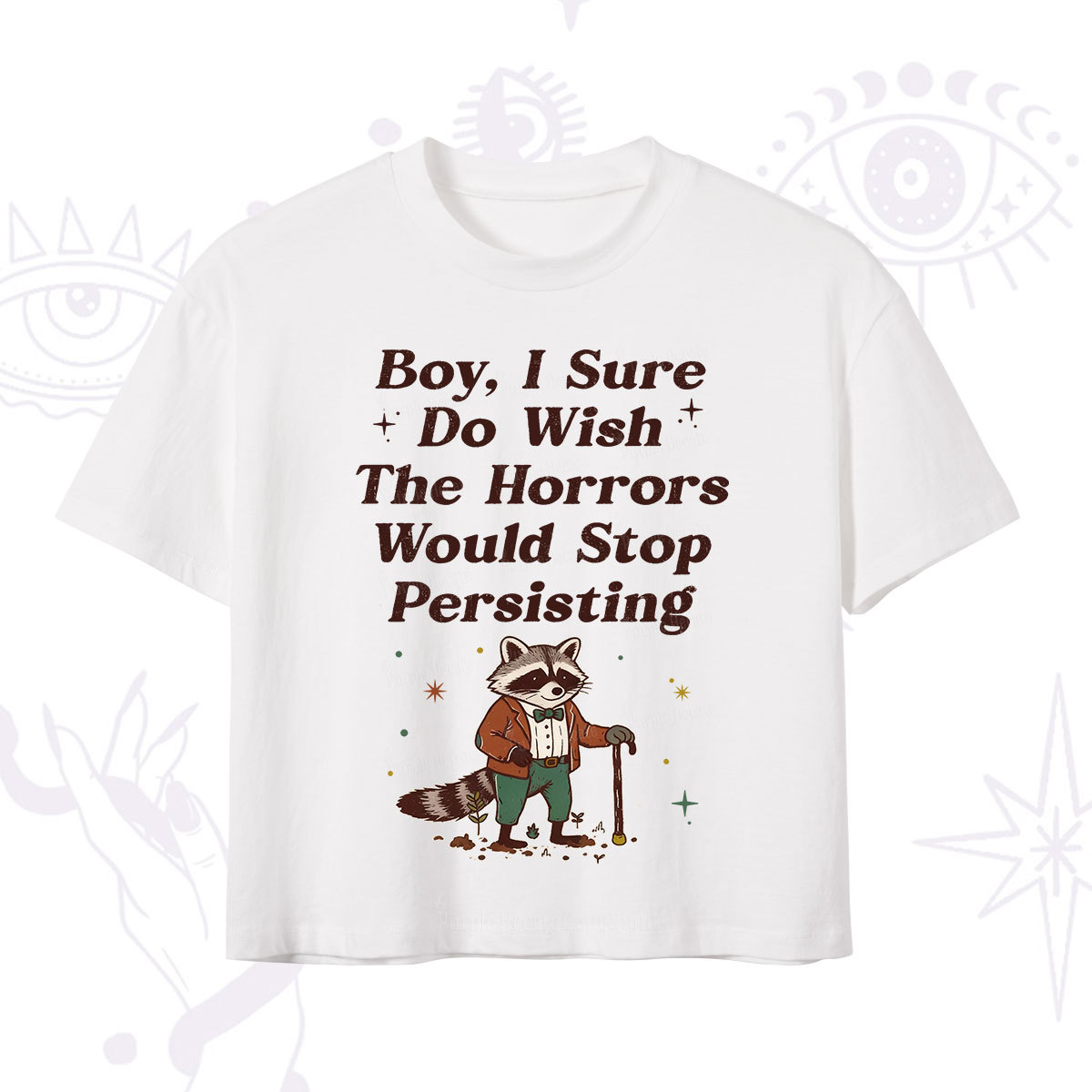 Purplehecate Raccoon Boy I Sure Do Wish The Horrors Would Stop Persisting Crop T-Shirt