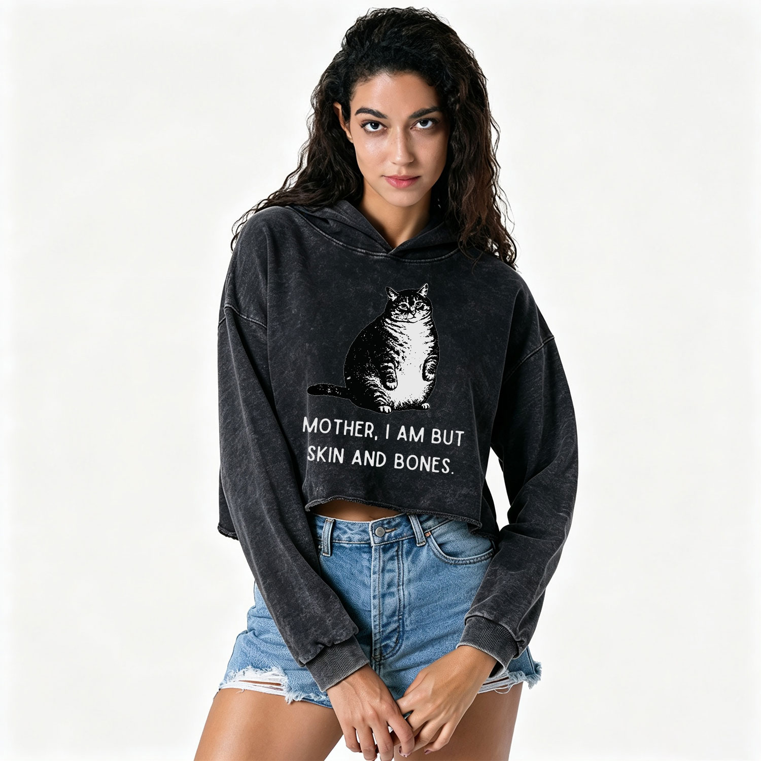 Purplehecate Cat Mother I Am But Skin And Bones Washed Cropped Hoodie