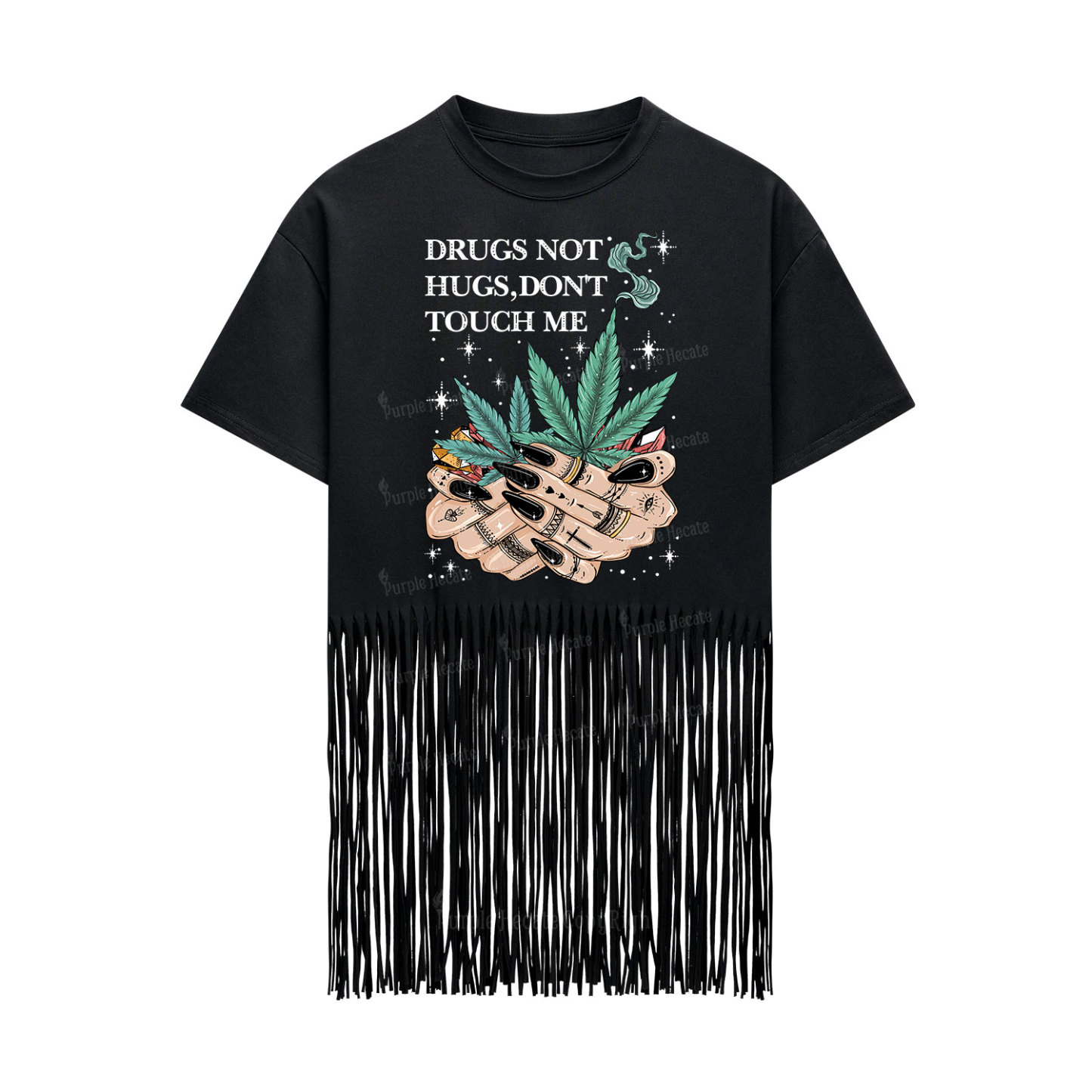 Purplehecate Drugs Not Hugs Fringe Hem T-Shirt