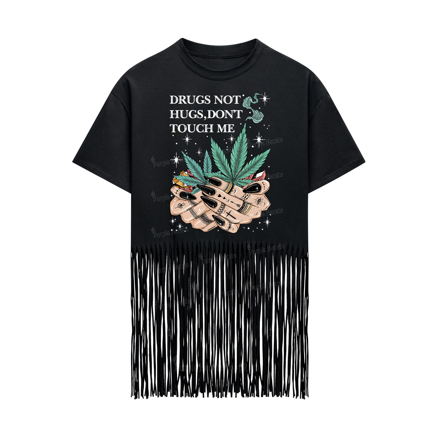 Purplehecate Drugs Not Hugs Fringe Hem T-Shirt