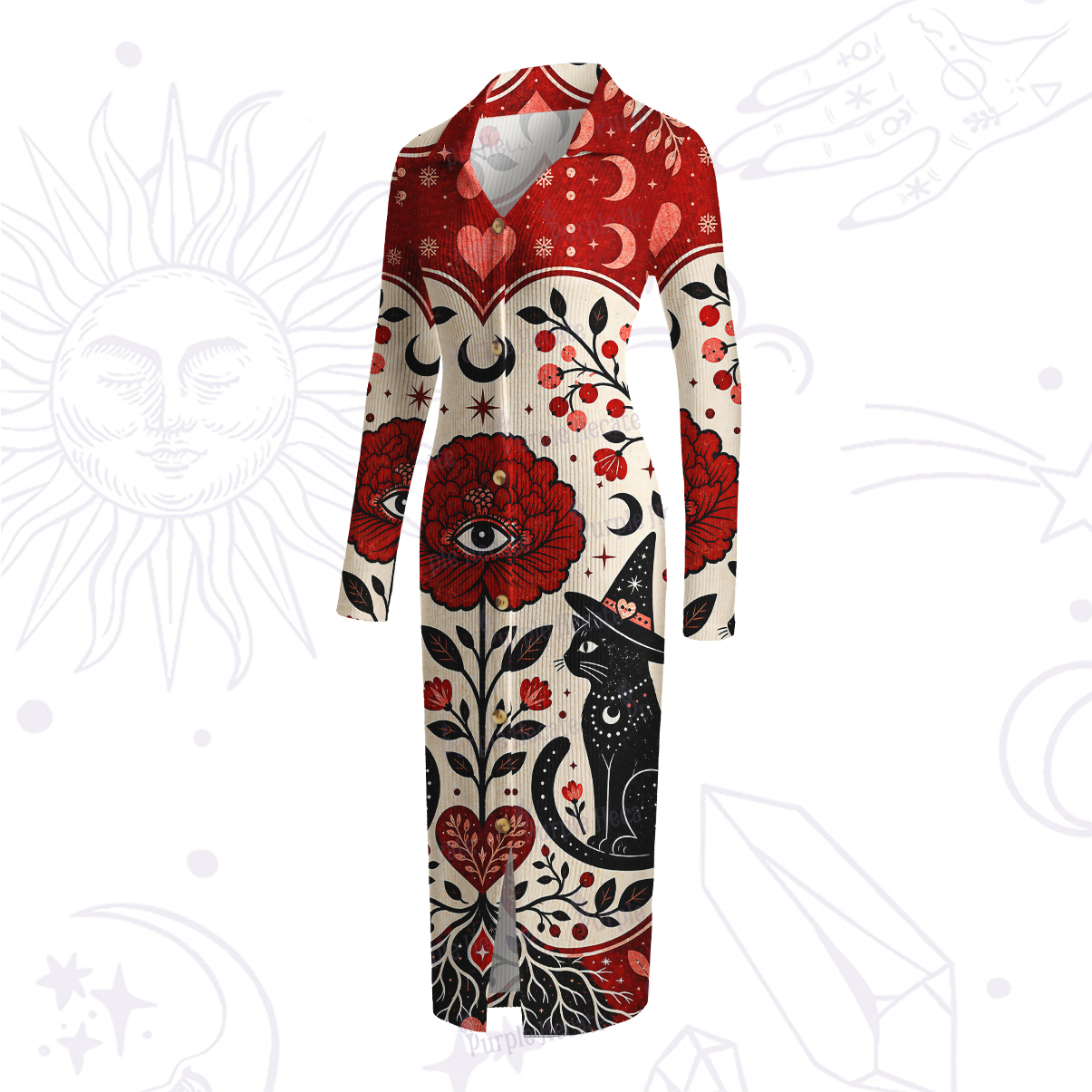 Purplehecate Sacred Cat Floral Ribbed Knit Dress