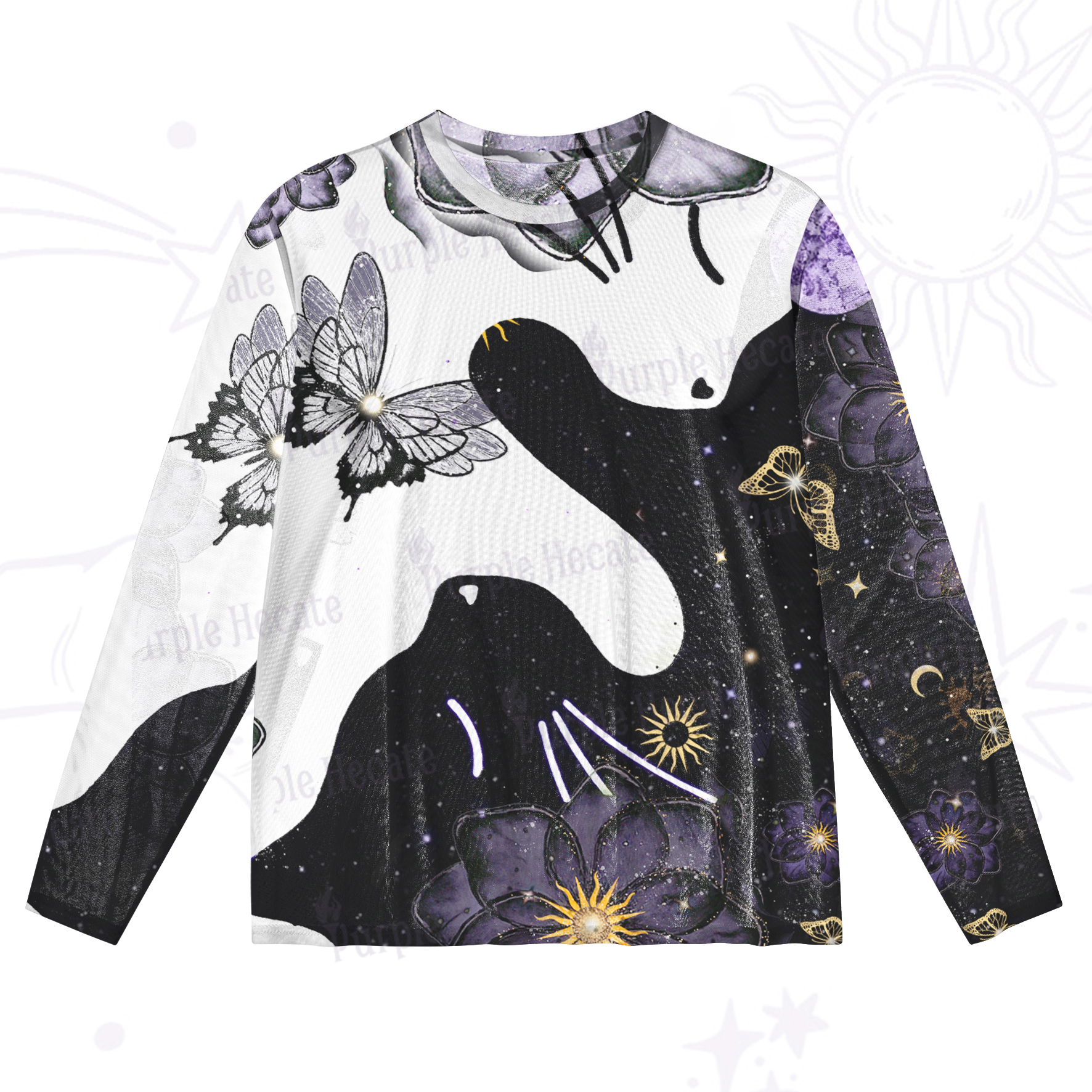 Purplehecate Starlit Cats & Butterflies Mesh Long Sleeve Top