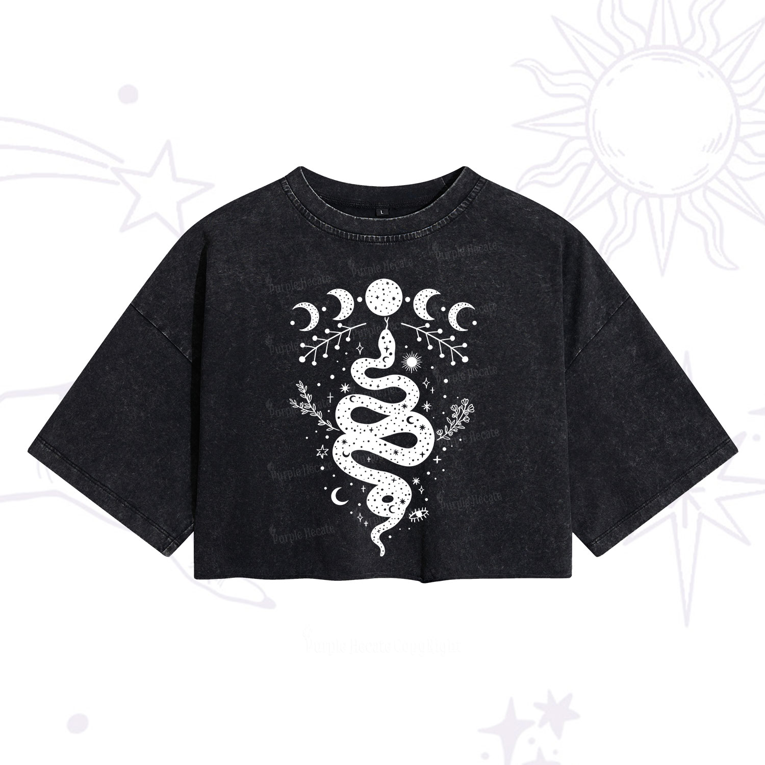 Purplehecate Snake And Moon Phase Comfort Washed Cropped T-Shirt