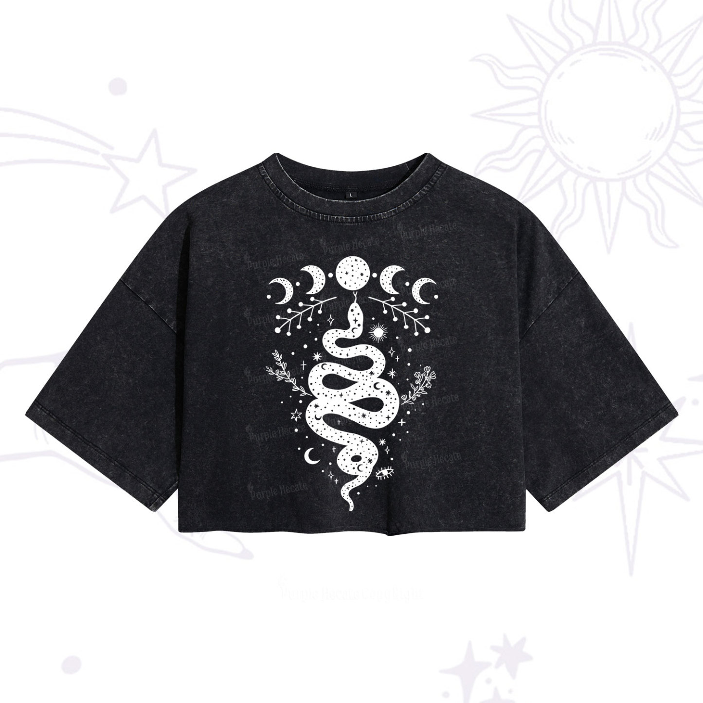 Purplehecate Snake And Moon Phase Comfort Washed Cropped T-Shirt