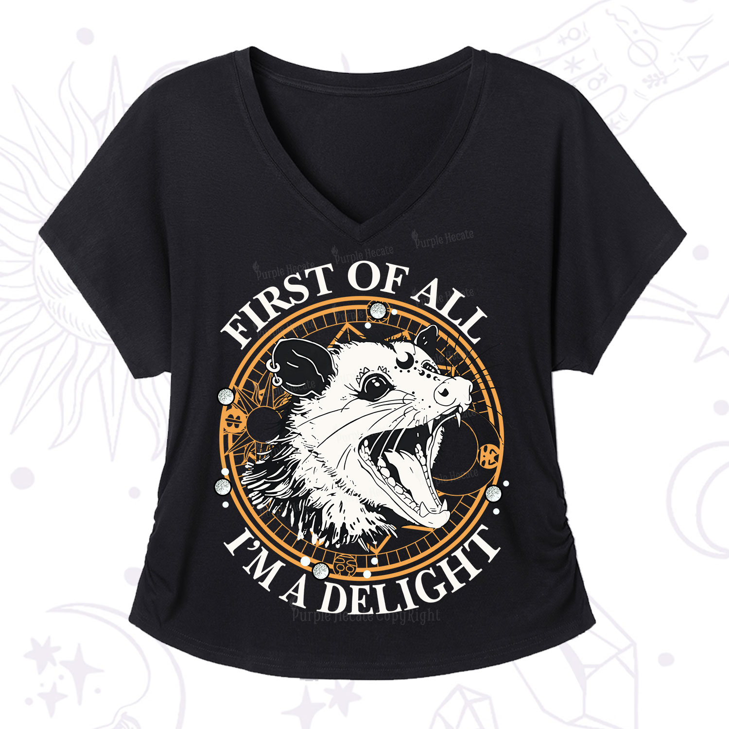 Purplehecate First Of All I Am A Delightful Angry Opossum V-Neck T-Shirt