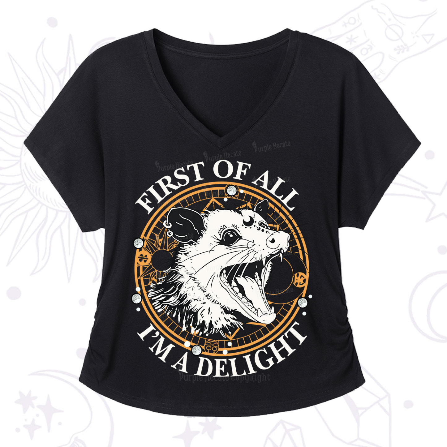 Purplehecate First Of All I Am A Delightful Angry Opossum V-Neck T-Shirt