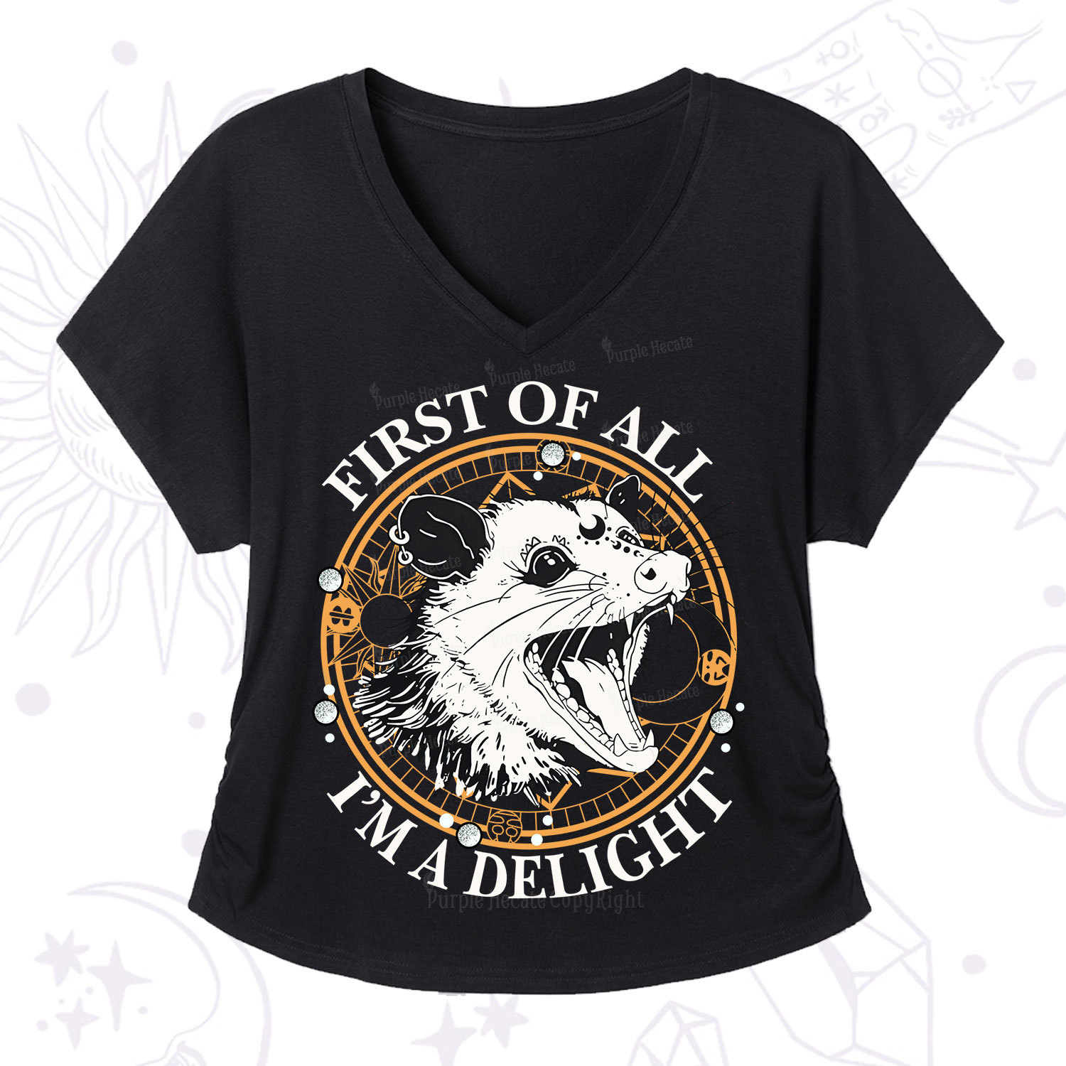 Purplehecate First Of All I Am A Delightful Angry Opossum V-Neck T-Shirt