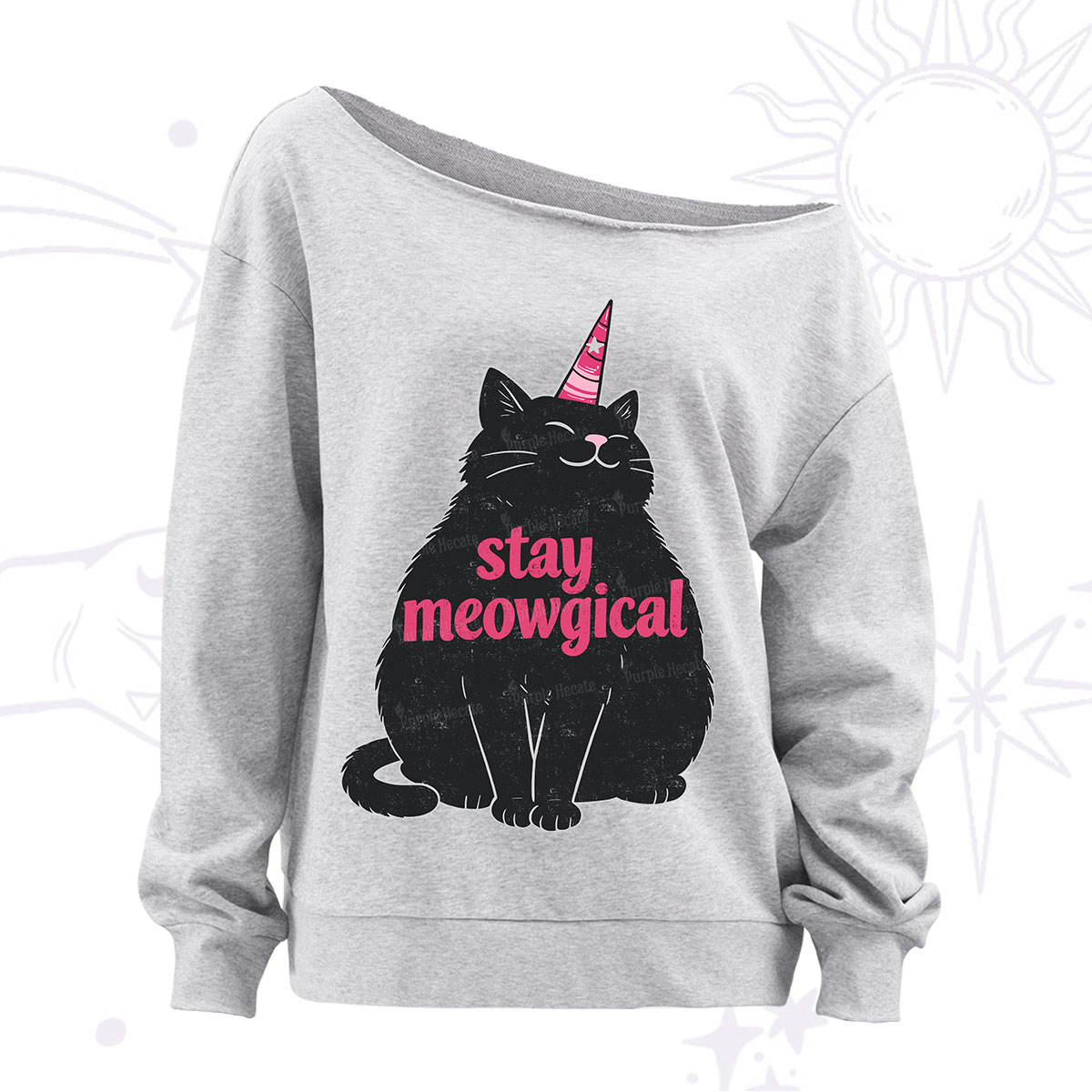 Purplehecate Stay Meowgical Off The Shoulder Sweatshirt