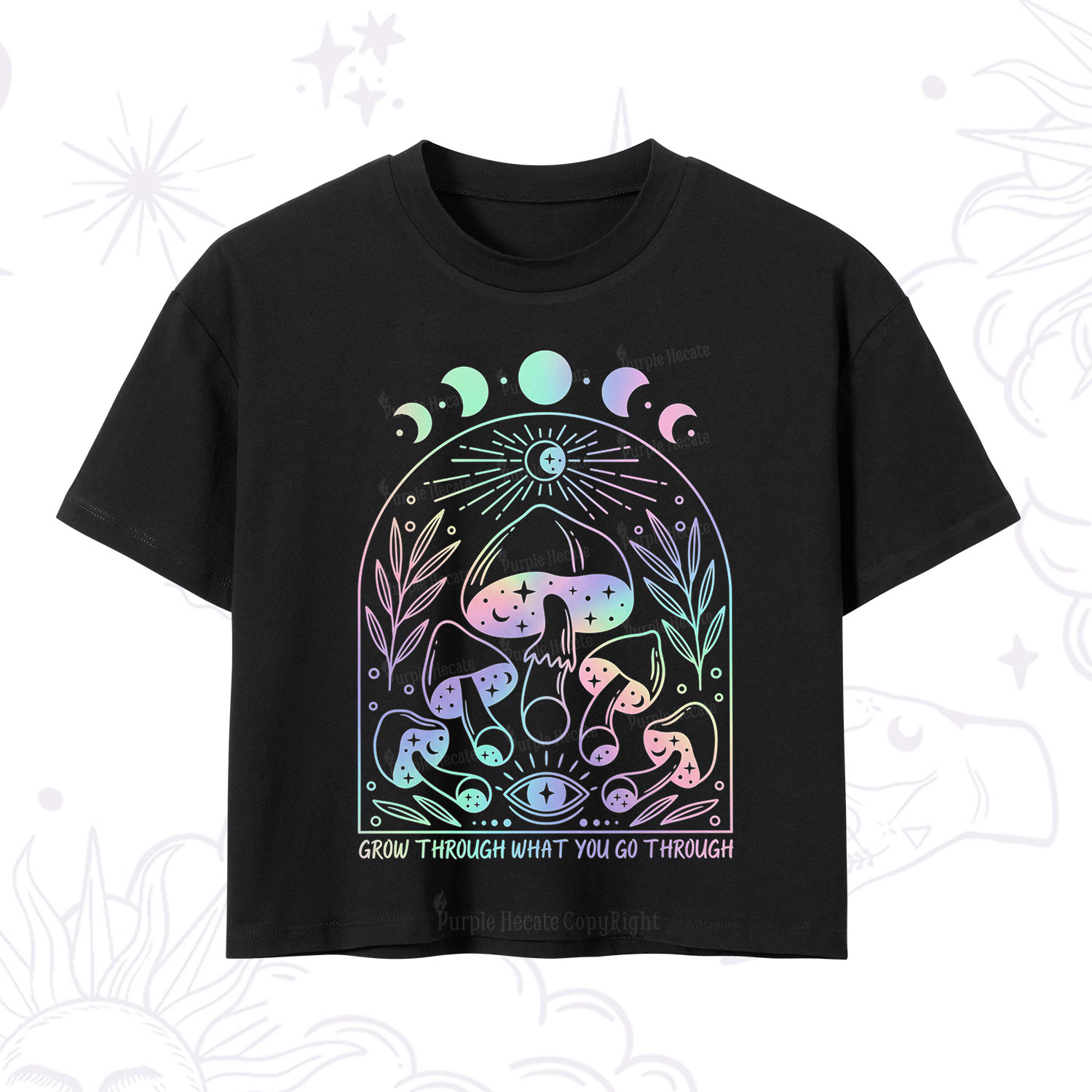 Purplehecate Moon Phases Mushroom Crop T-Shirt