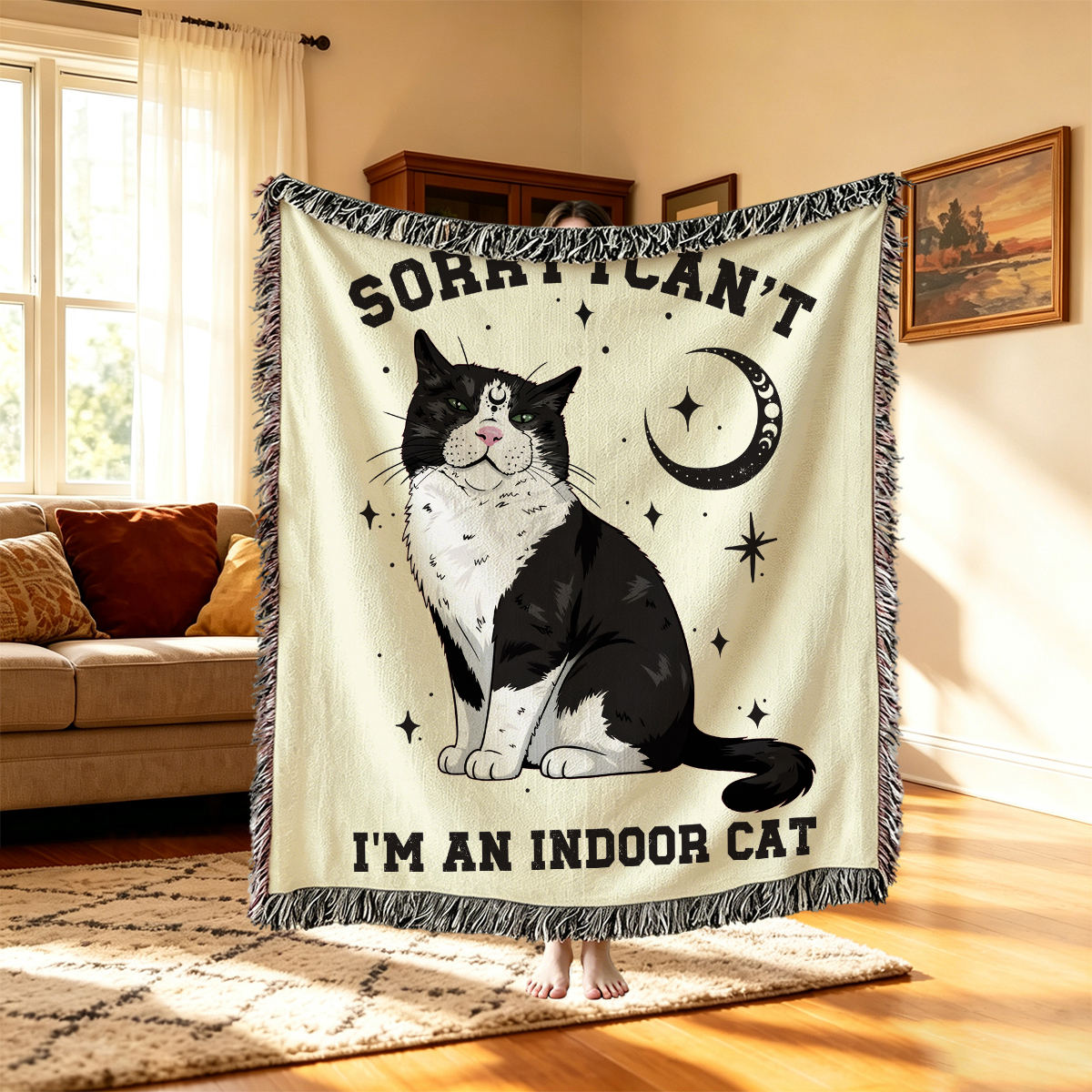 Purplehecate Sorry I Can't Go I'm an Indoor Cat Woven Tapestry Blanket
