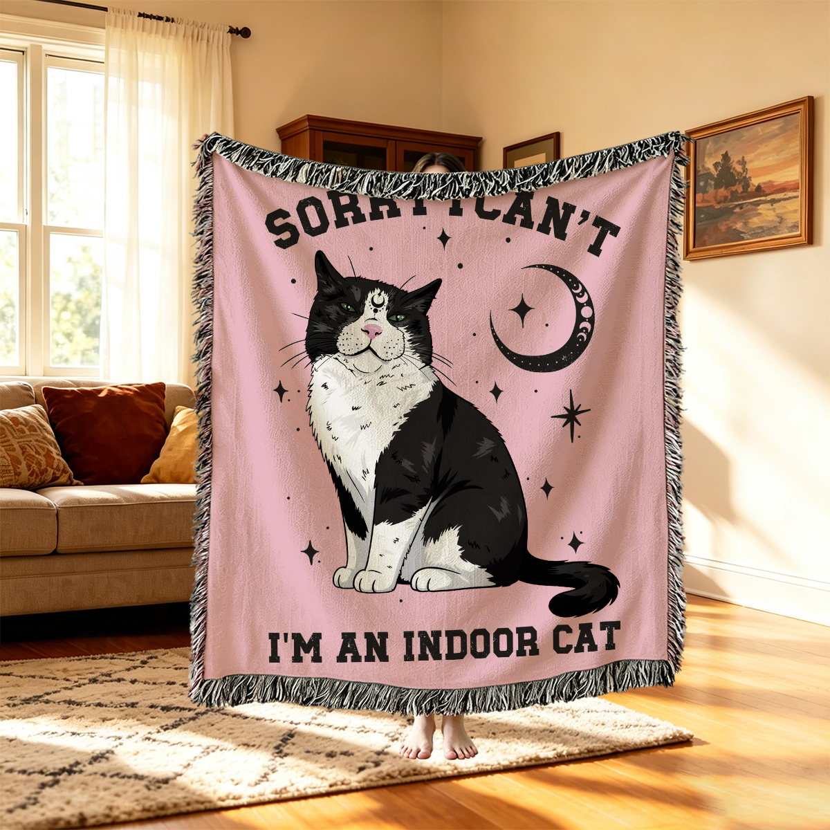 Purplehecate Sorry I Can't Go I'm an Indoor Cat Woven Tapestry Blanket