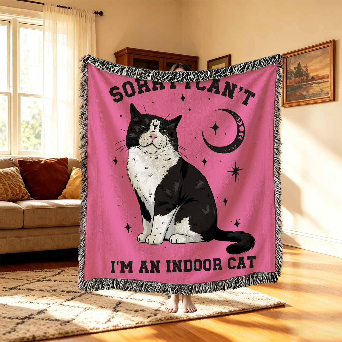 Purplehecate Sorry I Can't Go I'm an Indoor Cat Woven Tapestry Blanket